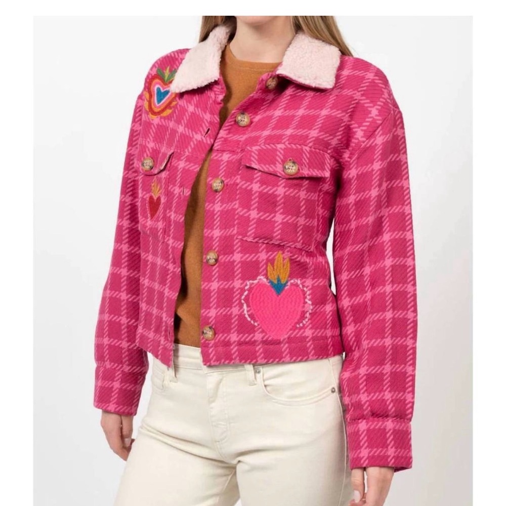 Ivy Jane Pink Checkered Teddy Jacket with Heart Details S/M